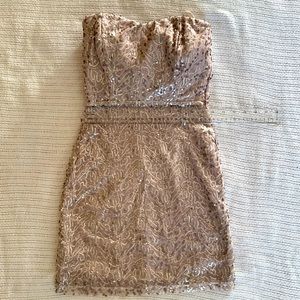 Soft gold mini dress, very petite, strapless w/ sequins.